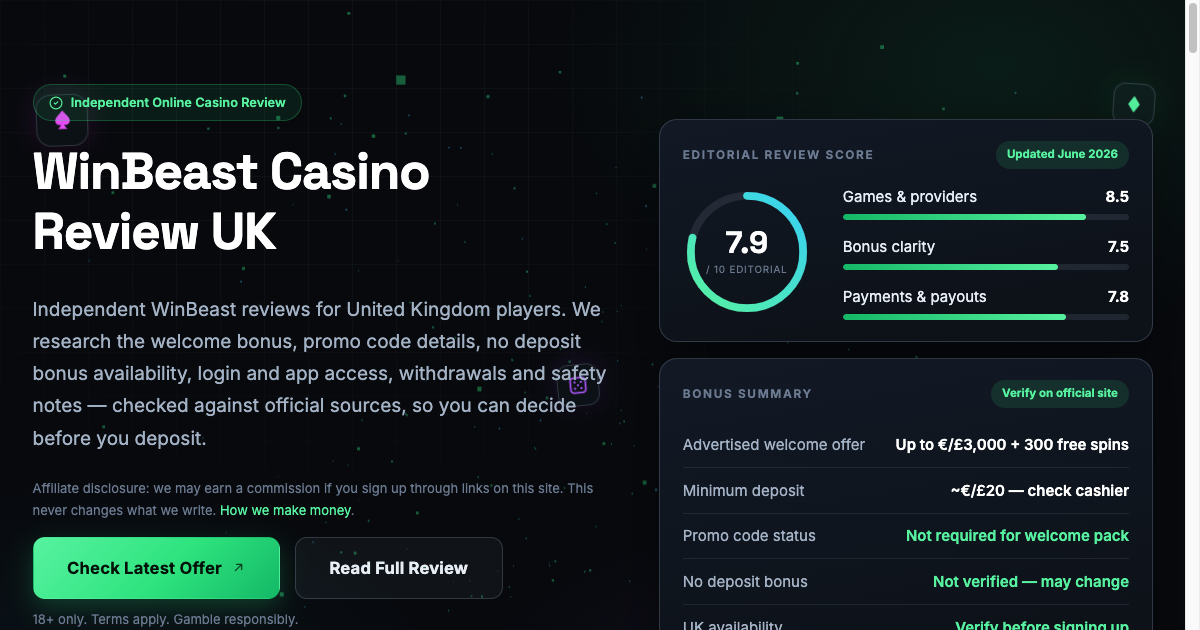 Screenshot of the WinBeast Reviews UK homepage header with the independent review badge